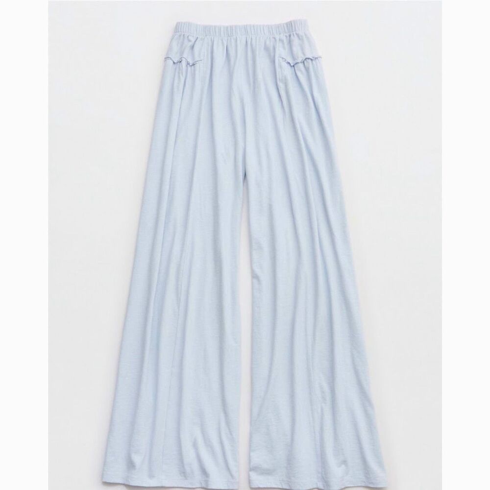NEW Aerie Women Pants L SHORT Happiest Wide Leg Misty sky blue knit ruffle baggy